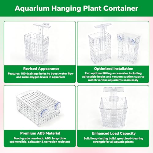 2 Pack Upgraded Aquarium Plant Holder, Adjustable Height Fish Tank Planter with Suction Cups & Extendable Hooks, Transparent Aquaponic Plant Holder for Aquascape Decoration