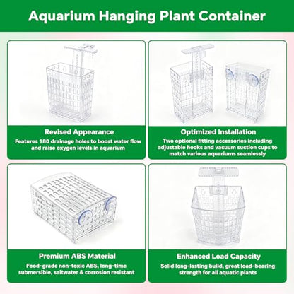2 Pack Upgraded Aquarium Plant Holder, Adjustable Height Fish Tank Planter with Suction Cups & Extendable Hooks, Transparent Aquaponic Plant Holder for Aquascape Decoration