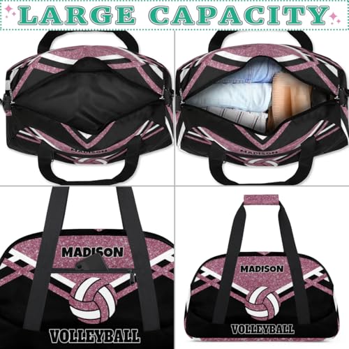 Custom Name Sports Volleyball Bag, Water Pink Glittering with Black | Gym Bag Sports Travel Duffle Bag Tote Carry On Weekend Sports Travel Bag - color: Pink Black