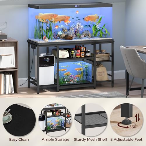 MAHANCRIS 55-75 Gallon Fish Tank Stand with Power Outlet, 3-Tier Metal Frame Aquarium Stand, Heavy Duty Reptile Terrarium Tank Stand, 52.0" L x 19.7" W x 29.9" H, 800 LBS Capacity, Black FTBK55E01 - color: Black