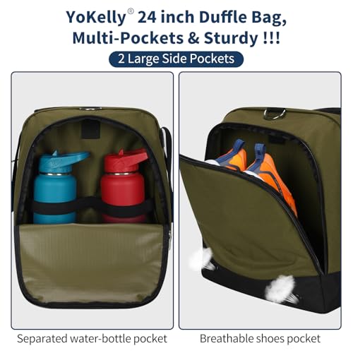 24 inch Large Gym Bag for Men - 65L Hard Bottom Duffle Bag with Shoes Compartment for Sport/Travel - Olive Green - color: Olive Grenn