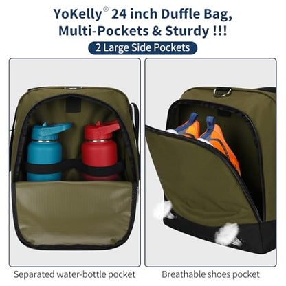 24 inch Large Gym Bag for Men - 65L Hard Bottom Duffle Bag with Shoes Compartment for Sport/Travel - Olive Green - color: Olive Grenn