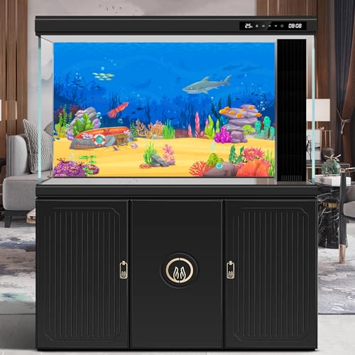 Underwater Cartoon Landscape Aquarium Background Adventurous Sea Scene Shark Sunken Boat Squid Fish Shoal Terrarium Background Deep Blue Sea Marine Life Game Level Fish Tank Backdrop Vinyl 24x16in - color: Cartoon Yellow, size: 24(W)x16(H)in