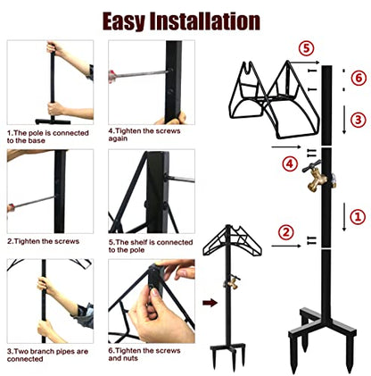 Freestanding Outdoor Garden Hose Holder Stand with Brass Faucet, Heavy Duty Metal Water Hose Reel Storage Stake Rack for Backyard, Black (Hose not Included)