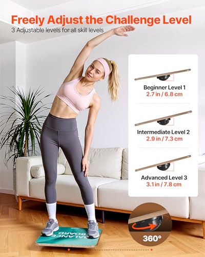 VEVOR Balance Board, 360° Rotating Wobble Board Trainer for Adults 3-Level Adjustable, Wooden Balance Training Equipment, Slip-Resistant Surface for Core Workout, Standing Desk Exercise, Home Gym