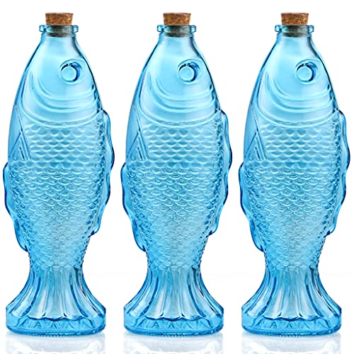 3-Pack Fish Shaped Glass Bottles, Decorative Bottles with Cork Stopper, Fish Decanters for Gift, Bar, Home Decor, Capacity 500ml/17.5oz (Blue)