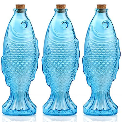 3-Pack Fish Shaped Glass Bottles, Decorative Bottles with Cork Stopper, Fish Decanters for Gift, Bar, Home Decor, Capacity 500ml/17.5oz (Blue)