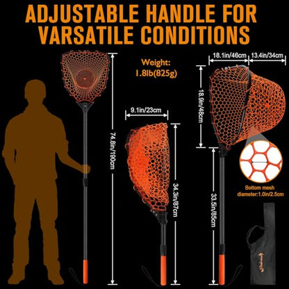 Rubber Fishing Landing Nets Telescopic Handle Nets Folding Nets with Collapsible Handle for Catch & Release Fishing Gift 17.6" dia-13.7" Depth Black/Orange