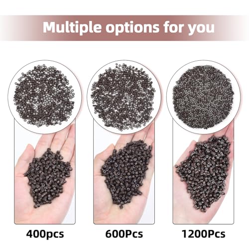1200Pcs 4mm Silicone Lined Micro Ring Beads for Hair Extensions 5Colors Apply (1200Pcs Light Brown)