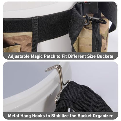 Dr.Fish 5 Gallon Bucket Tool Organizer - Adjustable Gear Bag with 6 Pockets and 2 Rod Holders for Ice Fishing Tackle Storage