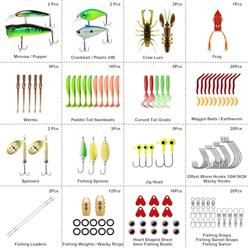 TRUSCEND Complete Fishing Accessories - Tackle Box with Tackle Included, Fishing Hooks, Jig Heads, Sinkers, Weights, Swivels, Snaps, Bobbers, Leaders - Fishing Gear Set for Bass Trout Panfish Walleye