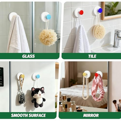 Reusable Heavy Duty Suction Cup Hooks for Kitchen/Bathroom/Shower - Wet-Proof Hooks for Towels, Robes, Loofah&Wreaths/No Drill Mounting on Glass, Tile, Metal (2, Red White) - color: Red White