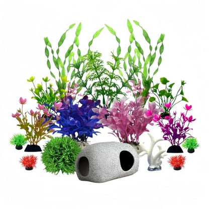 Aquarium Decoration Fish Tank Artificial Plastic Plants & Smooth Non-damaging Fish cave Rock Set, Goldfish Beta Fish Tank Accessories Ornaments(16 Pieces)