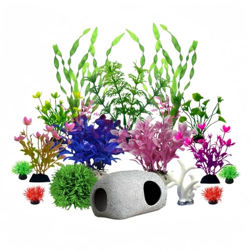 Aquarium Decoration Fish Tank Artificial Plastic Plants & Smooth Non-damaging Fish cave Rock Set, Goldfish Beta Fish Tank Accessories Ornaments(16 Pieces)
