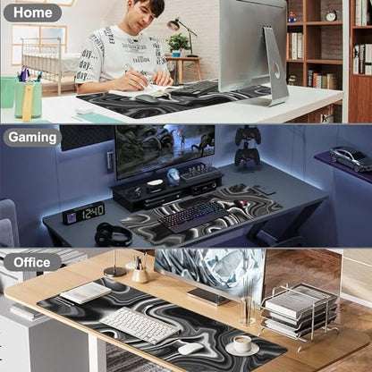 Black and White Marble Desk Mat,Large Marble Ink Texture Gaming Keyboard Mouse Pad,Non-Slip Rubber Base Desk Pad Thick Stitched Edges Waterproof Mousepad Mouse Mat 31.5"x11.8" - color: Black and White Marble