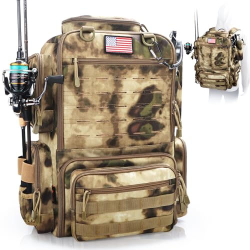 Fishing Backpack, Fishing Tackle Backpack with Rod Holders for 4 Boxes (Box Not Included) 45L Waterproof Fishing Gear, Ideal for Men and Women Large Tackle Box Bag (Sahara Khaki Camo) - color: Sahara Khaki Camo
