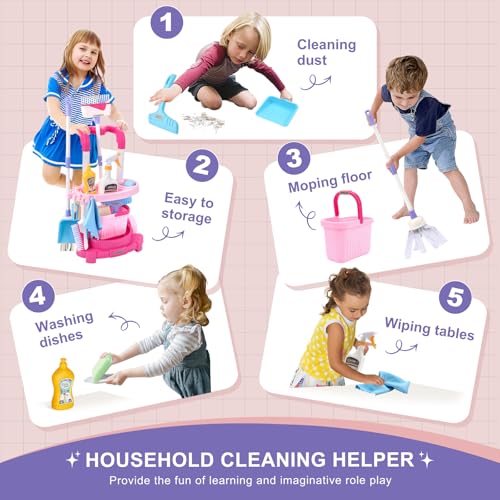 Toddler Cleaning Set, Kids Cleaning Carts Toy Set, Detachable Kids Mop Broom Set for Toddlers - Pretend Play Educational Toy (Pink) - color: Cleaning Cart Set