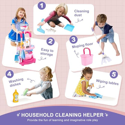Toddler Cleaning Set, Kids Cleaning Carts Toy Set, Detachable Kids Mop Broom Set for Toddlers - Pretend Play Educational Toy (Pink) - color: Cleaning Cart Set