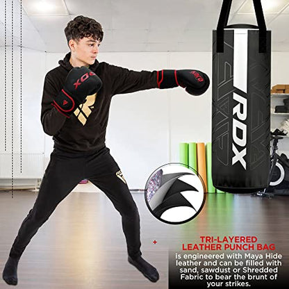 RDX Kids Unfilled Punching Bag Set 2FT, Non Tear Maya Hide Leather Kara Junior Hanging Bag for Kickboxing MMA Muay Thai Taekwondo Karate BJJ Strength Training, Home Gym Equipment - color: RED