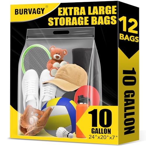 10 Gallon Extra Large Bags for Storage, 24"x 20”Resealable Clear Bags with Handle, 4 Mil Thick,XL Heavy Duty for Clothes Pillow Travel Organization Moving, Double Zipper Seal, 12 Pack - size: 12Pack (10Gallons)