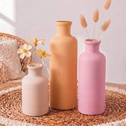 Modern Ceramic Vase Set of 3 Pink Orange Boho Vases for Home Farmhouse Rustic Decorative Bottles for Living Room Bedroom Shelf Table Bookshelf Entryway Decoration Housewarming Gift