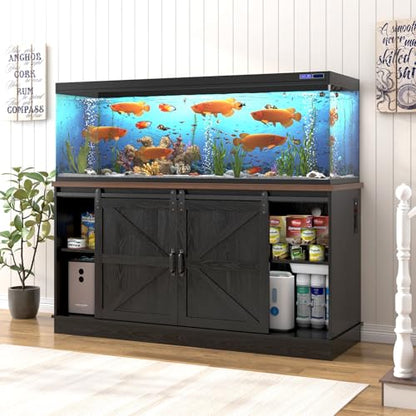 Hlivelood Farmhouse 75-120 Gallon Fish Tank Stand with Power Outlet, Aquarium Stand w/Cabinet&Sliding Barn Door, Heavy Duty Reptile Tank Stand for Fish/Turtle/Reptile Terrarium, 1000LB Capacity, Black