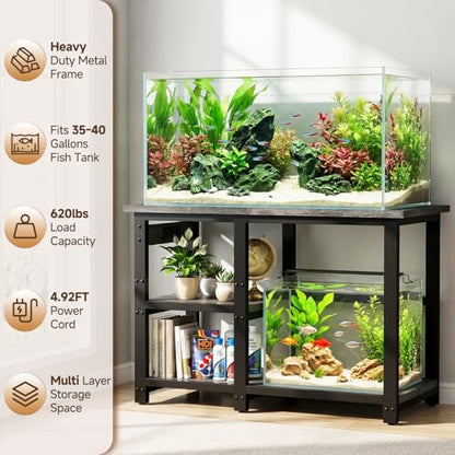 AQQA 35-40 Gallon Fish Tank Stand with 5 in 1 Power Outlets, 31x18 Inch Heavy Duty Metal Frame Aquarium Stand, Adjustable Storage Shelves, 620LBS Capacity Terrarium Stand, 3 Tiers Reptile Tank Stand