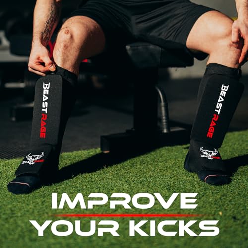 BEAST RAGE Shin Guards for Muay Thai, Kickboxing, MMA Leg Guards Martial Arts Taekwondo, Boxing, Elasticated Sock Padded Leg Instep Pads, Shin Pads,Sparring Training, Karate BJJ - color: BLACK RED, size: Medium