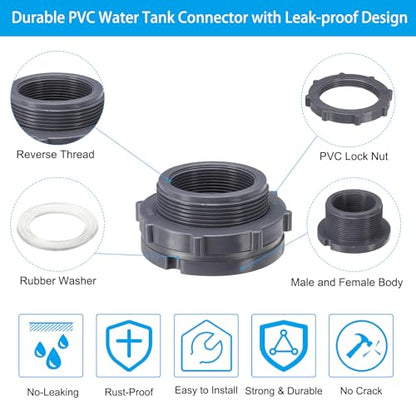 PATIKIL PVC Bulkhead Fitting NPT2", Bulkhead Water Tank Connector with Silicone Seal Gasket Garden Hose Fitting for Rain Bucket, Sinks, Aquariums, Gray