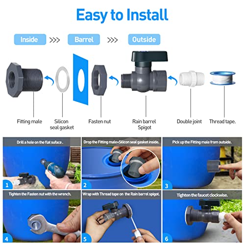 Suswillhit Rain Barrel Spigot Kit - Water Barrel PVC Garden Diverter Kit with Bulkhead Fitting Hose Faucet Adapter and Thread Seal Tape for Water Tanks, Aquariums, Tubs, Pools, Garden Barrels(2 Pack)
