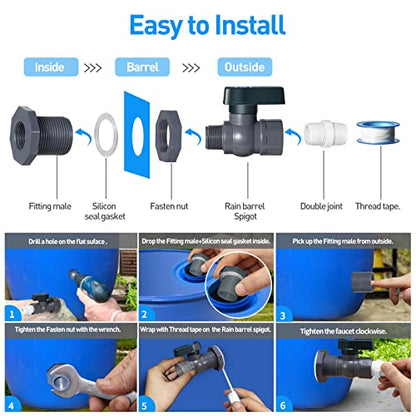Suswillhit Rain Barrel Spigot Kit - Water Barrel PVC Garden Diverter Kit with Bulkhead Fitting Hose Faucet Adapter and Thread Seal Tape for Water Tanks, Aquariums, Tubs, Pools, Garden Barrels(2 Pack)
