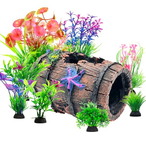 Fish Broken Barrel Decor Fish Tank Decorations Betta Fish Tank Accessories,Starfish Barrel x 1pc, Aquarium Plants x 8pcs - size: 9 Pcs