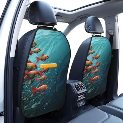 Fish Aquarium Car Kick Mats Backseat Organizer, 2 Pack Backseat Protector for Car, Heavy Duty Waterproof Seat Back Cover with 3 Mesh Pockets, Auto Seat Accecories for Pets Kids