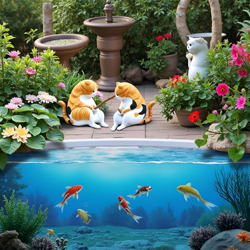 7 Pcs Cat Fishing Figurine, Cute Cat Statue Decor, Resin Mini Fish Tank Decorations Craft Sculpture for Aquarium Tanks Desk Yard Pond Indoor Outdoor