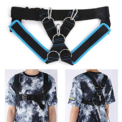 Weight Bearing Shoulder Strap | Pulling Sled Harness Vest with Tension Bands | Adjustable for Strength/Endurance/Flexibility Training | Nylon & Metal Construction - color: Black Blue
