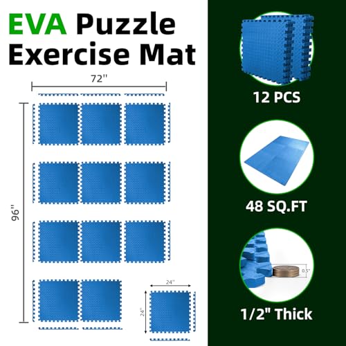 Art3d 12-Pack 24"x24" EVA Interlocking Exercise Mats,48 Sq.Ft,Blue - color: Blue, size: 48 Sq Ft