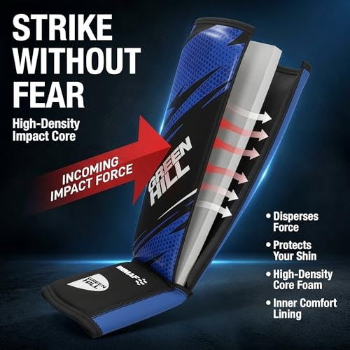 Green Hill IMMAF Shin Guards for MMA, Muay Thai & Kickboxing - color: Black/Blue, size: Small