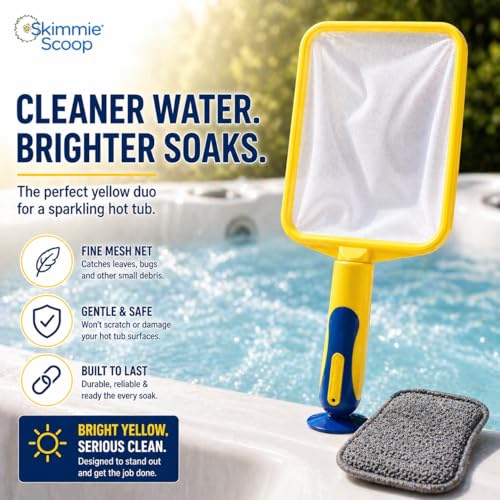 Scoop - Patented Handheld Skimmer with Fine Mesh Net for Spa, Hot Tub, Cold Plunge and Small Pool Cleaning - Lightweight and Durable with Powerful Suction Cup - Clean Out Filter (Yellow)