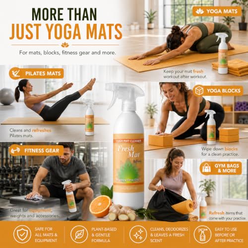 Fresh Mat Yoga Mat Cleaner Spray - Natural Deodorizing Cleaner for Yoga Mats & Fitness Equipment - No-Rinse, Residue-Free Formula with Witch Hazel & Essential Oil, Refreshing Citrus Ginger (24 fl oz). - size: 24 Fl Oz (Pack of 1)