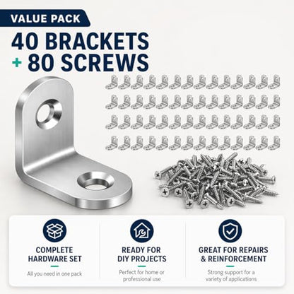 40PCS Stainless Steel L Brackets with 80 Screws, Small Right Angle Corner Braces, 0.79 x 0.79 Inch Metal Brackets for Shelves, Cabinets, Drawers, Chairs and Wood Furniture.