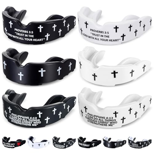 Yaomiao 6 Pc Mouth Guard Faith Cross Mouthguard with Case,Adult,Mixed Verse | Religious Mouthguards and Braces for Football, Boxing, Basketball, Lacrosse, Hockey, and All Contact Sports - size: Adult, style: Mixed Verse