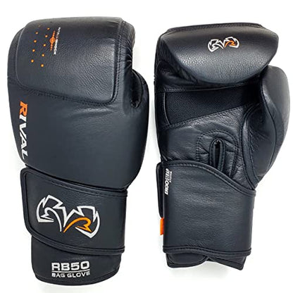 RIVAL Boxing RB50 Intelli-Shock Compact Bag Gloves, Hook and Loop Closure - Soft Inner Lining, Multi-Layered Foam Padding - color: Black, size: Large