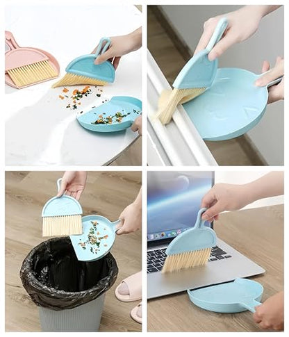 Mini Broom and Dustpan Set (3 Pieces) + Three-Color Cleaning Cloth, Suitable for Cleaning car interiors, Sofas, Kitchens, tabletops, Dining Tables and Desktop Keyboards (Pink, Blue, and Green)