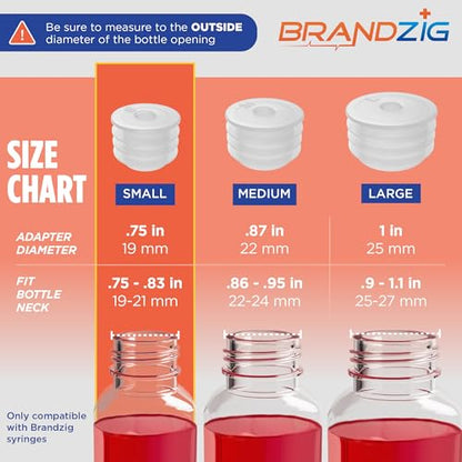 Medicine Bottle Syringe Adapter For Oral Dispensers (Size Small, 50 Pack) | Press In Bottle Adapter for Liquid Medication | Only Fits Brandzig 1ml, 3ml, 5ml & 10ml Syringes