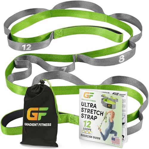 Stretching Strap for Physical Therapy, 12 Multi-Loop Stretch Strap 1" W x 8' L, Neoprene Handles, Physical Therapy Equipment, Yoga Straps for Stretching, Leg Stretcher. - color: Green/Grey