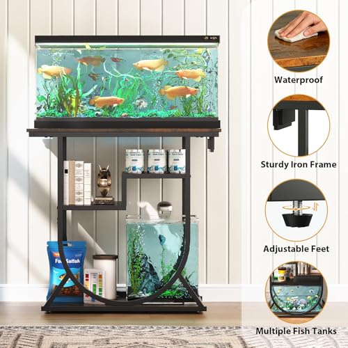 20-29 Gallon Fish Tank Stand with Power Outlet, Metal U Shaped Aquarium Stand with Storage Shelves, Heavy Duty Terrarium Rack for Home Office, 31.5" L x 15.7" W x 29.4" H, Rustic Brown