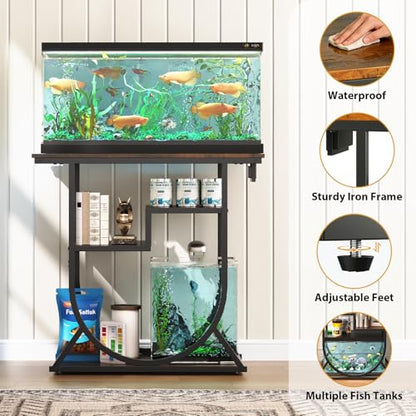 20-29 Gallon Fish Tank Stand with Power Outlet, Metal U Shaped Aquarium Stand with Storage Shelves, Heavy Duty Terrarium Rack for Home Office, 31.5" L x 15.7" W x 29.4" H, Rustic Brown