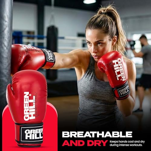 Green Hill Leather Boxing Gloves for Men & Women, Training Gloves - color: Red, size: 10 OZ