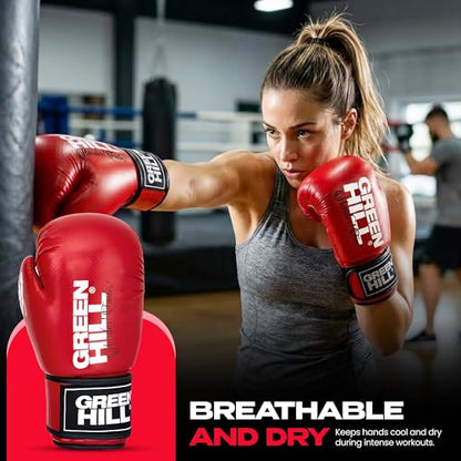 Green Hill Leather Boxing Gloves for Men & Women, Training Gloves - color: Red, size: 10 OZ