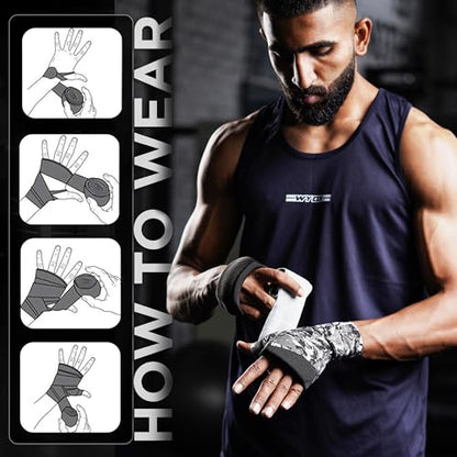 WYOX Boxing Hand Wraps & Gel Knuckle Guards Set for MMA, Muay Thai & Kickboxing - 2 Pair Hand Wraps + 1 Pair Knuckle Guards - Hand Wrist Protection for Men & Women Training - color: White/Black